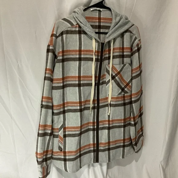 Staccato Womens Fall Plaid Hooded Shacket Size Large Gray Orange Black NWOT - Picture 4 of 13